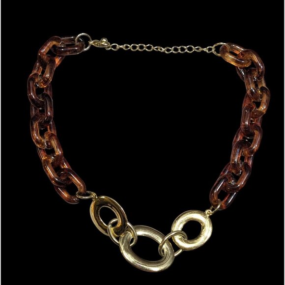 90s Style Tortoise And Gold Tone Chunky Link Necklace - Picture 1 of 6
